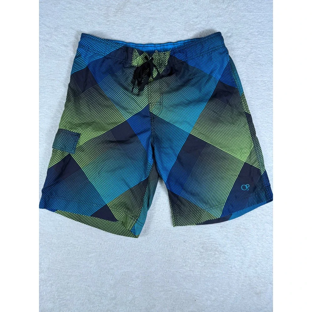 Ocean Pacific Board Shorts Mens L Blue Green Plaid Swim Trunks‎ Geometric Surf